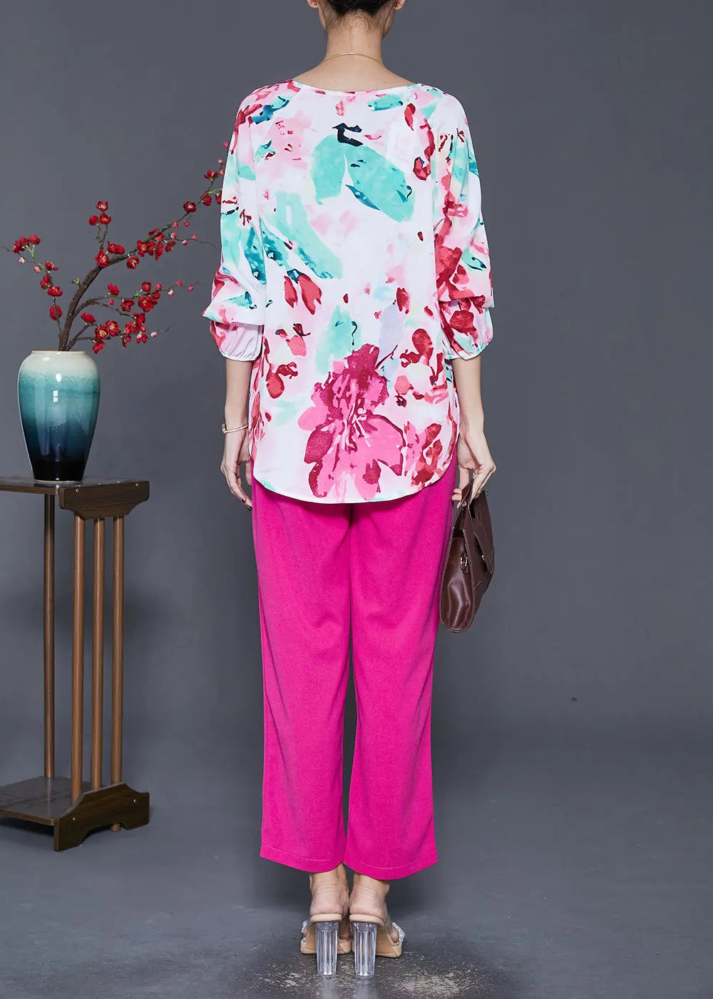 Italian Rose Oversized Print Silk Two Pieces Set Fall Ada Fashion