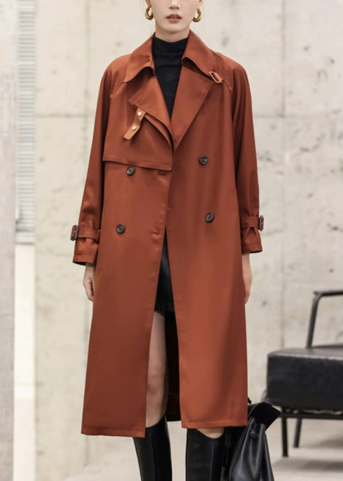 Italian Rust Button Tie Waist Cotton Long Trench Coat Fall Ada Fashion