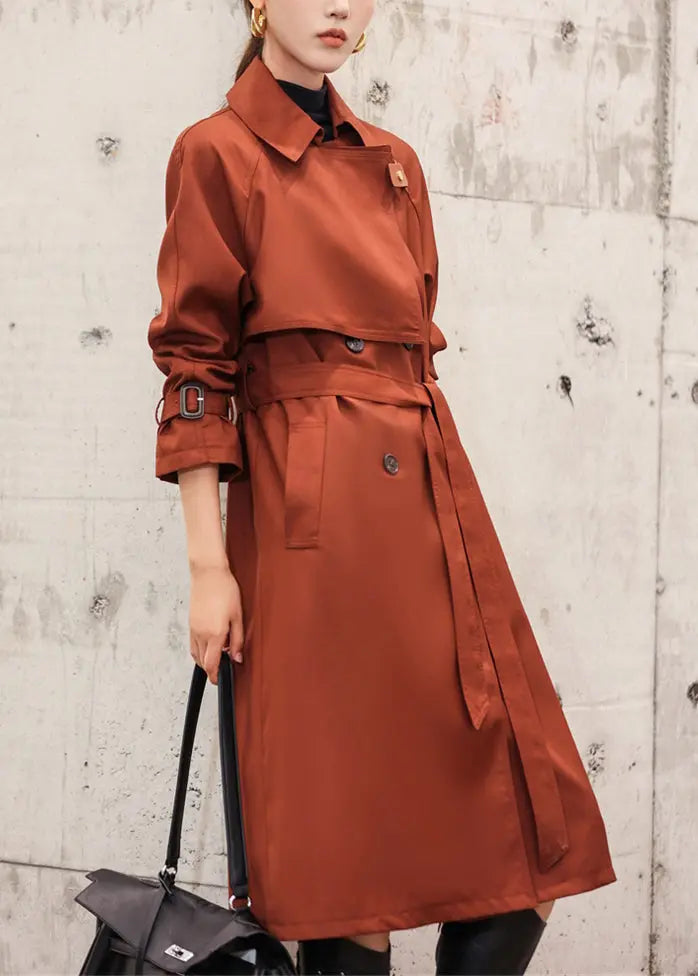 Italian Rust Button Tie Waist Cotton Long Trench Coat Fall Ada Fashion