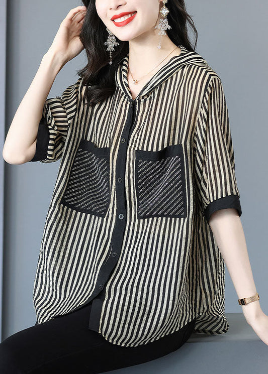 Italian Striped Hooded Pockets Patchwork Chiffon Shirt Tops Summer Ada Fashion