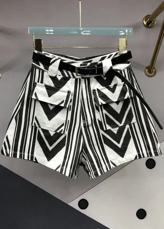 Italian Striped Sashes Pockets Denim Shorts Summer Ada Fashion