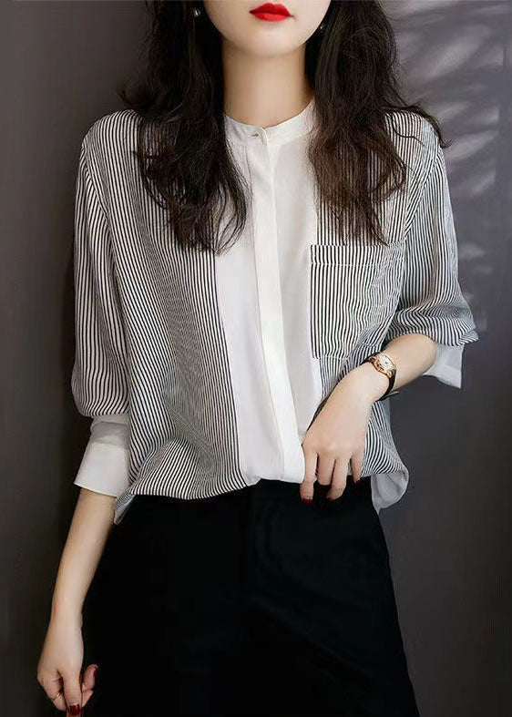 Italian Striped Stand Collar Patchwork Chiffon Shirt Top Spring Ada Fashion