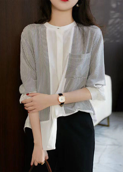 Italian Striped Stand Collar Patchwork Chiffon Shirt Top Spring TQ1055 - fabuloryshop