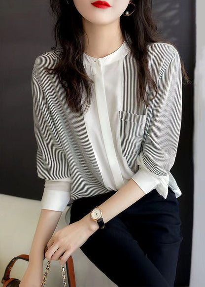 Italian Striped Stand Collar Patchwork Chiffon Shirt Top Spring TQ1055 - fabuloryshop