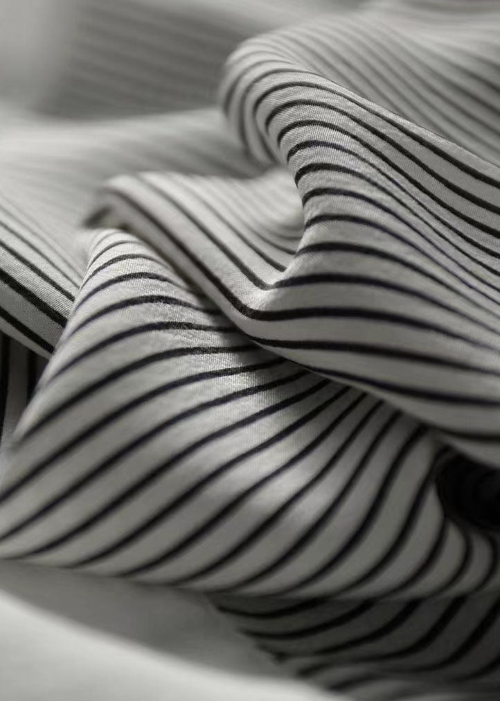 Italian Striped Stand Collar Patchwork Chiffon Shirt Top Spring TQ1055