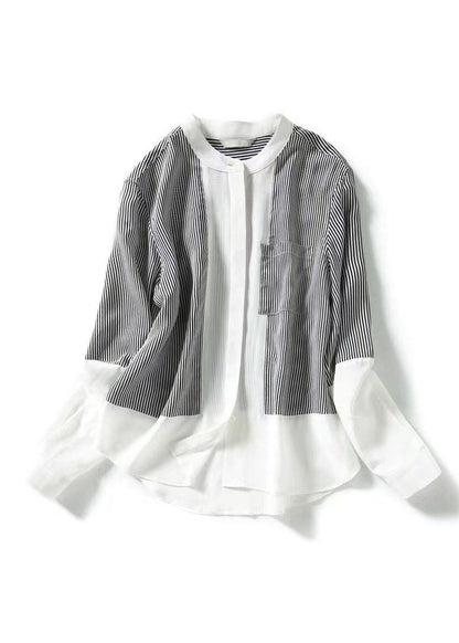 Italian Striped Stand Collar Patchwork Chiffon Shirt Top Spring TQ1055 - fabuloryshop