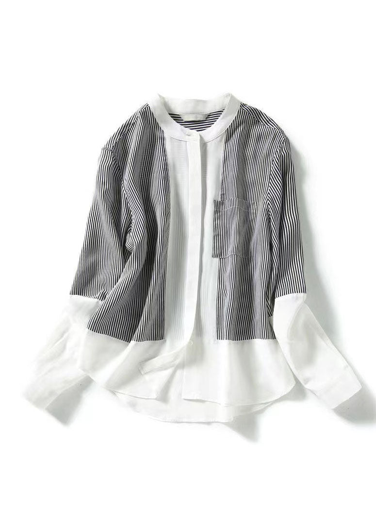 Italian Striped Stand Collar Patchwork Chiffon Shirt Top Spring Ada Fashion