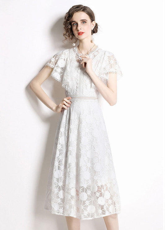 Italian White Hollow Out Embroideried Lace Dress Butterfly Sleeve LY7369 - fabuloryshop