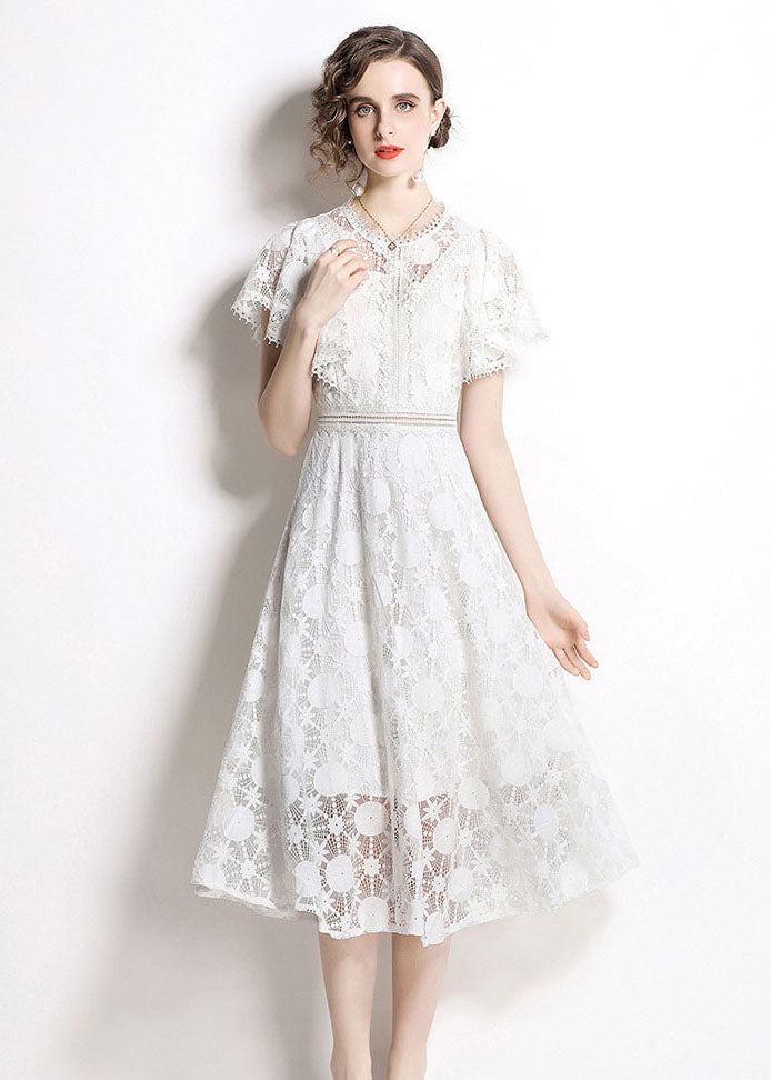 Italian White Hollow Out Embroideried Lace Dress Butterfly Sleeve LY7369 - fabuloryshop