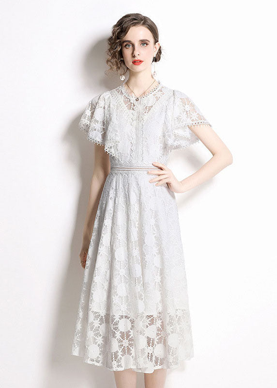 Italian White Hollow Out Embroideried Lace Dress Butterfly Sleeve LY7369 - fabuloryshop