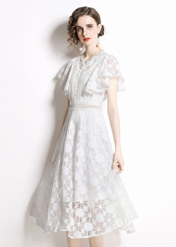 Italian White Hollow Out Embroideried Lace Dress Butterfly Sleeve LY7369 - fabuloryshop