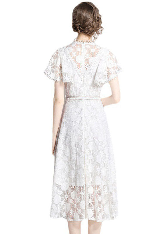 Italian White Hollow Out Embroideried Lace Dress Butterfly Sleeve LY7369 - fabuloryshop