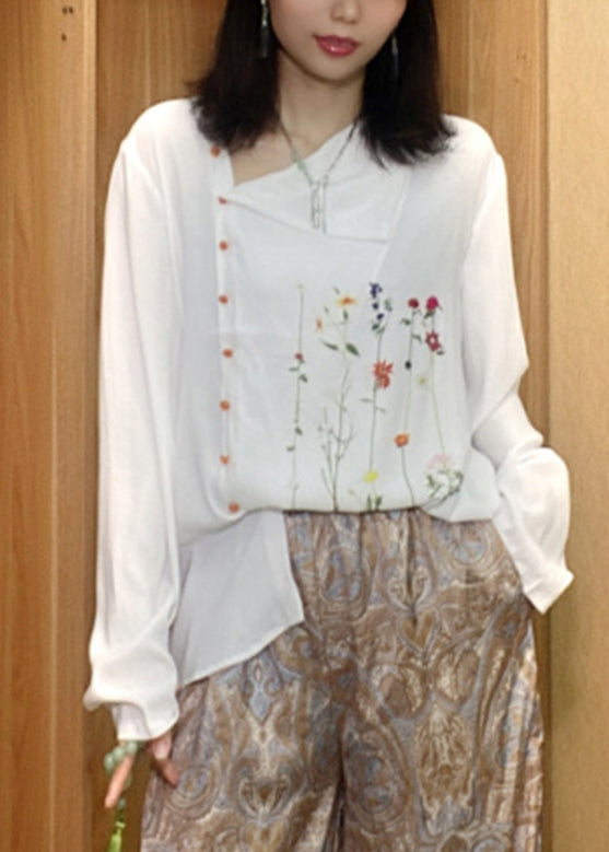 Italian White O-Neck Print Button Cotton Top Fall Ada Fashion