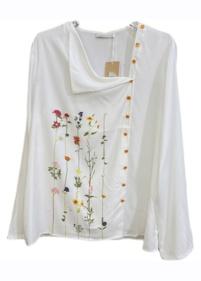 Italian White O-Neck Print Button Cotton Top Fall Ada Fashion