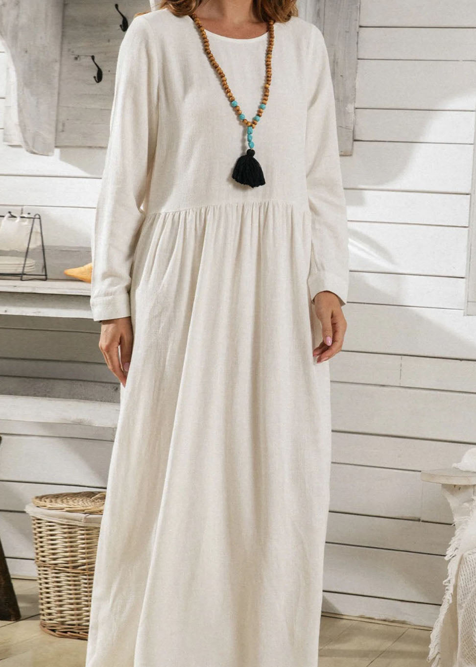 Italian White O Neck Wrinkled Exra Large Hem Cotton Dresses Spring LC0446 - fabuloryshop