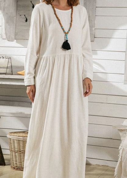 Italian White O Neck Wrinkled Exra Large Hem Cotton Dresses Spring LC0446 - fabuloryshop