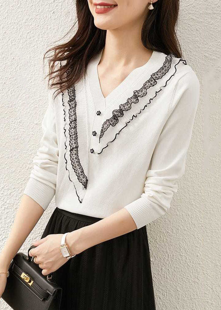 Italian White V Neck Ruffled Patchwork Knit Tops Spring LY0075 - fabuloryshop