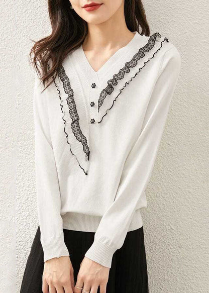 Italian White V Neck Ruffled Patchwork Knit Tops Spring LY0075 - fabuloryshop