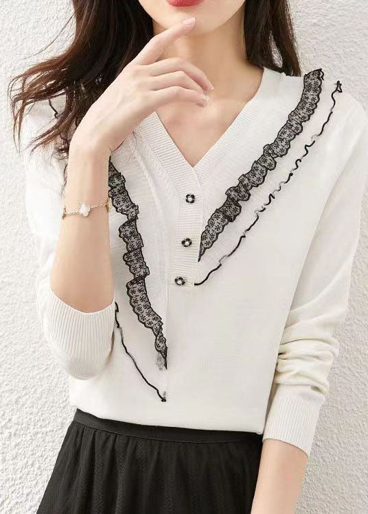 Italian White V Neck Ruffled Patchwork Knit Tops Spring LY0075 - fabuloryshop