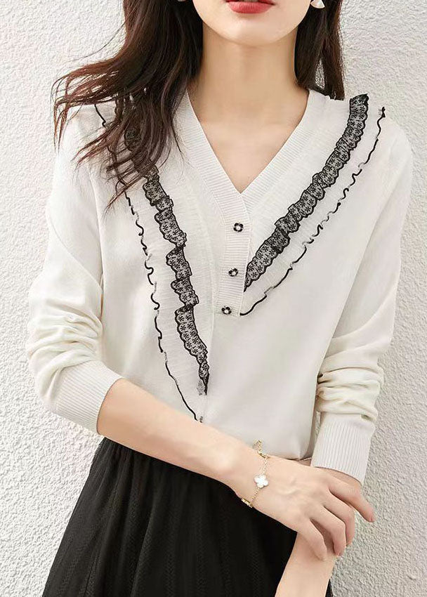 Italian White V Neck Ruffled Patchwork Knit Tops Spring LY0075 - fabuloryshop