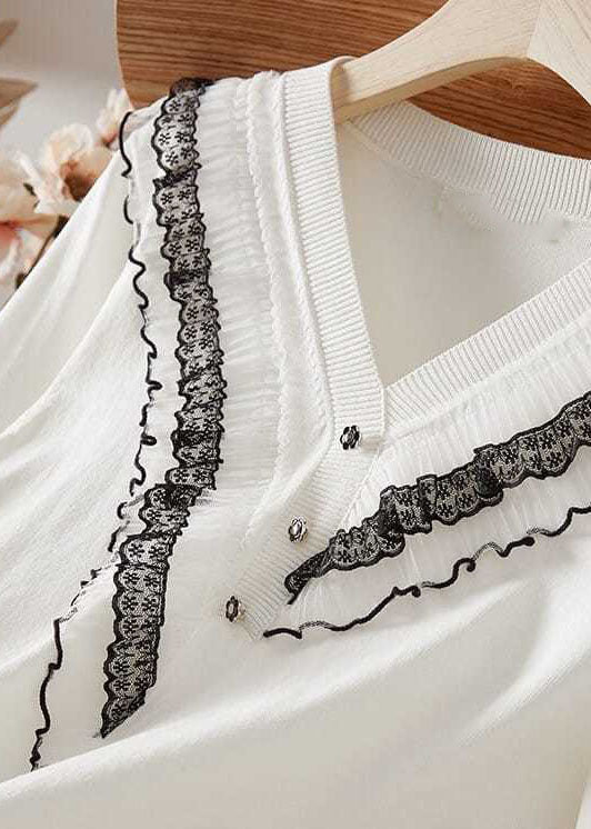 Italian White V Neck Ruffled Patchwork Knit Tops Spring LY0075 - fabuloryshop