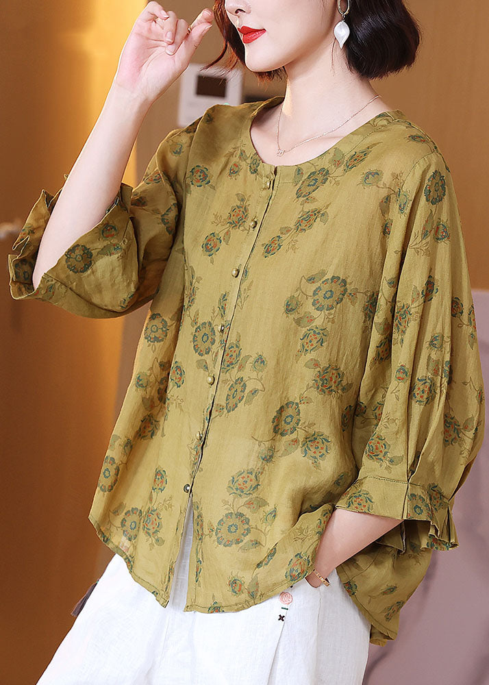 Italian Yellow O Neck Print Wrinkled Patchwork Linen Shirt Tops Summer TP1054 - fabuloryshop