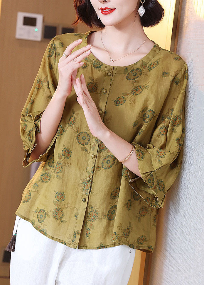 Italian Yellow O Neck Print Wrinkled Patchwork Linen Shirt Tops Summer TP1054 - fabuloryshop