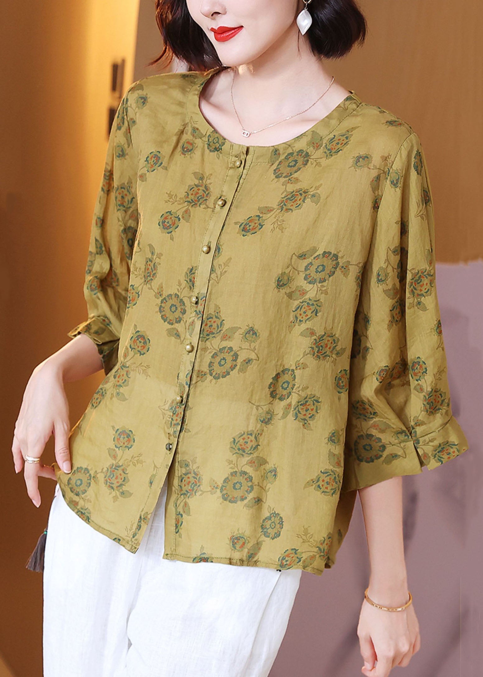 Italian Yellow O Neck Print Wrinkled Patchwork Linen Shirt Tops Summer TP1054 - fabuloryshop