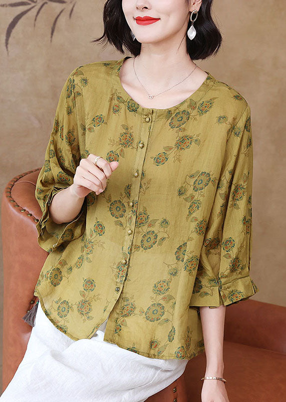 Italian Yellow O Neck Print Wrinkled Patchwork Linen Shirt Tops Summer TP1054 - fabuloryshop