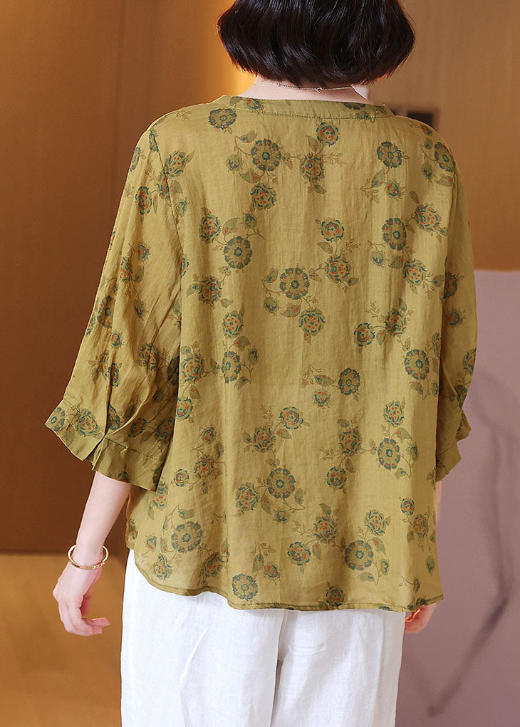 Italian Yellow O Neck Print Wrinkled Patchwork Linen Shirt Tops Summer TP1054