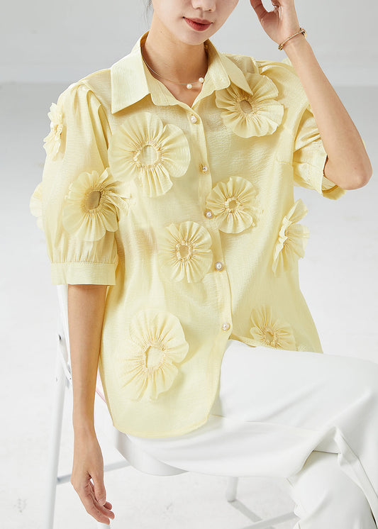 Italian Yellow Peter Pan Collar Floral Cotton Shirt Top Summer LY6138 - fabuloryshop