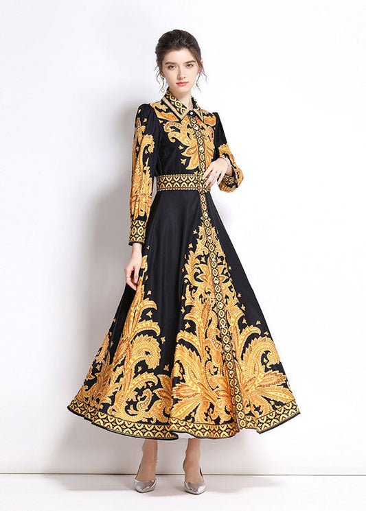 Italian Yellow Peter Pan Collar Print Patchwork Chiffon Long Dress Fall Ada Fashion