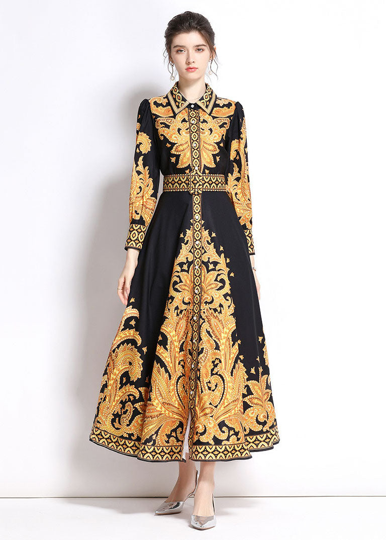 Italian Yellow Peter Pan Collar Print Patchwork Chiffon Long Dress Fall Ada Fashion