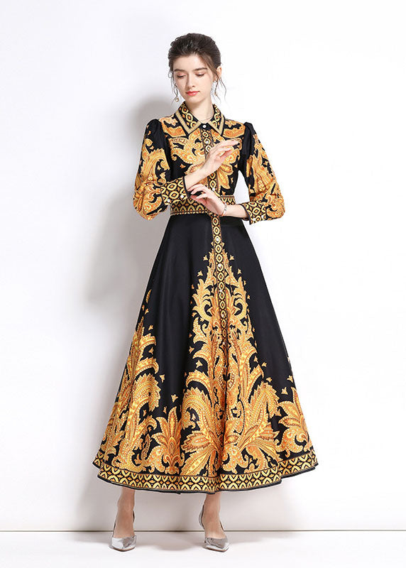 Italian Yellow Peter Pan Collar Print Patchwork Chiffon Long Dress Fall Ada Fashion