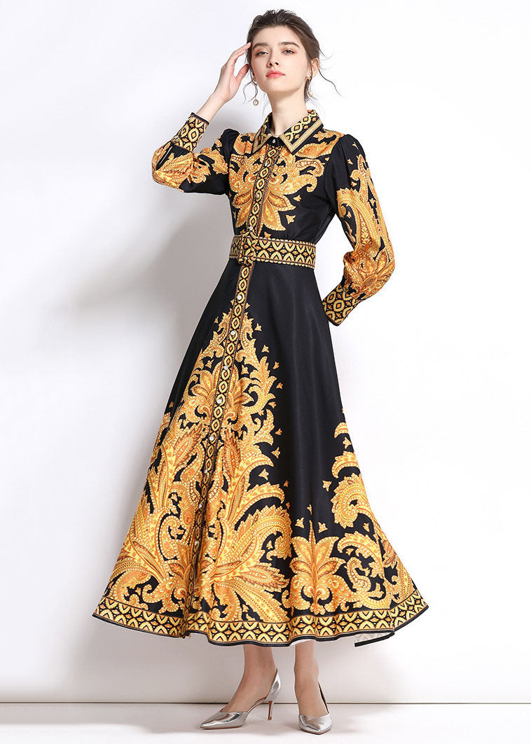 Italian Yellow Peter Pan Collar Print Patchwork Chiffon Long Dress Fall Ada Fashion