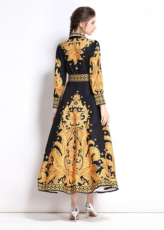Italian Yellow Peter Pan Collar Print Patchwork Chiffon Long Dress Fall Ada Fashion