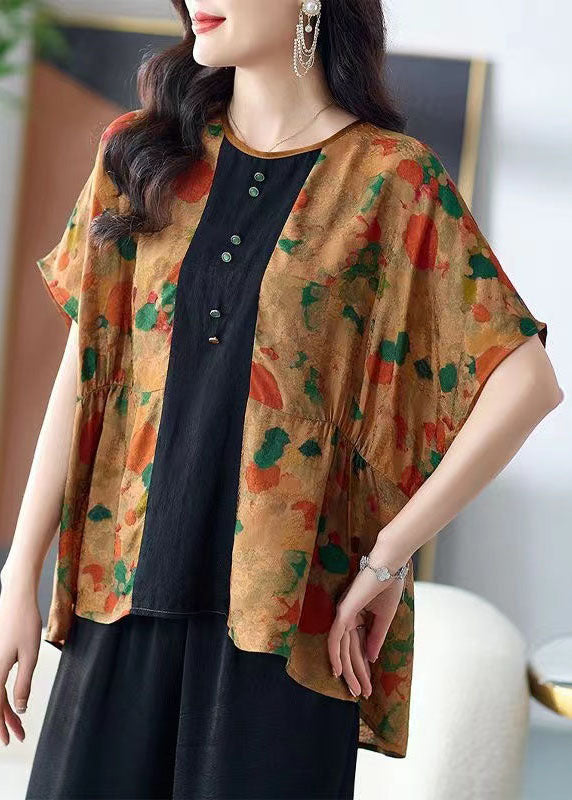 Italian Yellow Print Wrinkled Patchwork Silk T Shirt Top Summer TF1024 - fabuloryshop