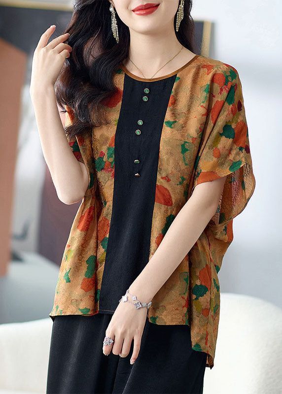 Italian Yellow Print Wrinkled Patchwork Silk T Shirt Top Summer TF1024 - fabuloryshop