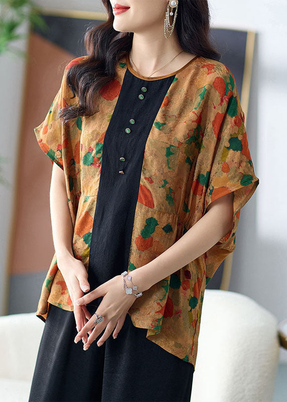 Italian Yellow Print Wrinkled Patchwork Silk T Shirt Top Summer TF1024 - fabuloryshop