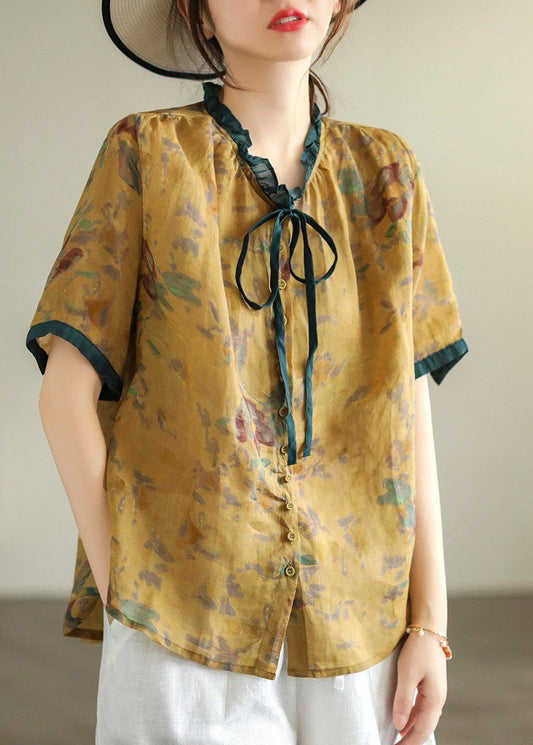 Italian Yellow Ruffled Print Linen Blouse Tops Summer LY0236 - fabuloryshop