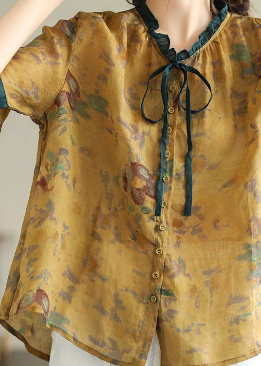 Italian Yellow Ruffled Print Linen Blouse Tops Summer LY0236 - fabuloryshop