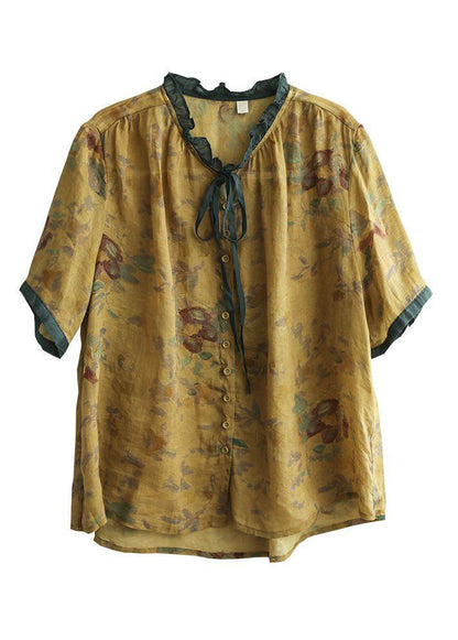 Italian Yellow Ruffled Print Linen Blouse Tops Summer LY0236 - fabuloryshop