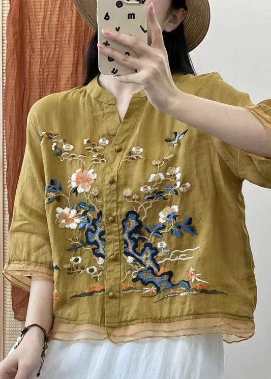 Italian Yellow Stand Collar Embroideried Button Patchwork Linen Blouses Summer Ada Fashion