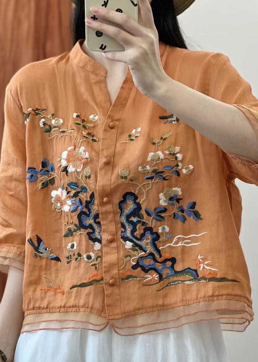 Italian Yellow Stand Collar Embroideried Button Patchwork Linen Blouses Summer Ada Fashion