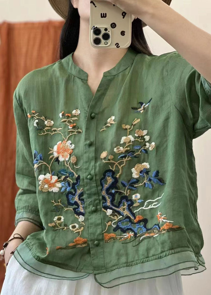 Italian Yellow Stand Collar Embroideried Button Patchwork Linen Blouses Summer Ada Fashion