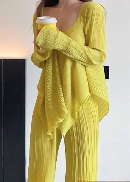 Italian Yellow V Neck Asymmetrical Patchwork Cotton Two Pieces Set Fall Ada Fashion