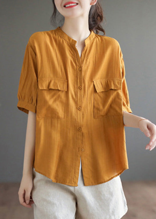 Italian Yellow V Neck Patchwork Button Solid Cotton Shirt Short Sleeve LY5091 - fabuloryshop