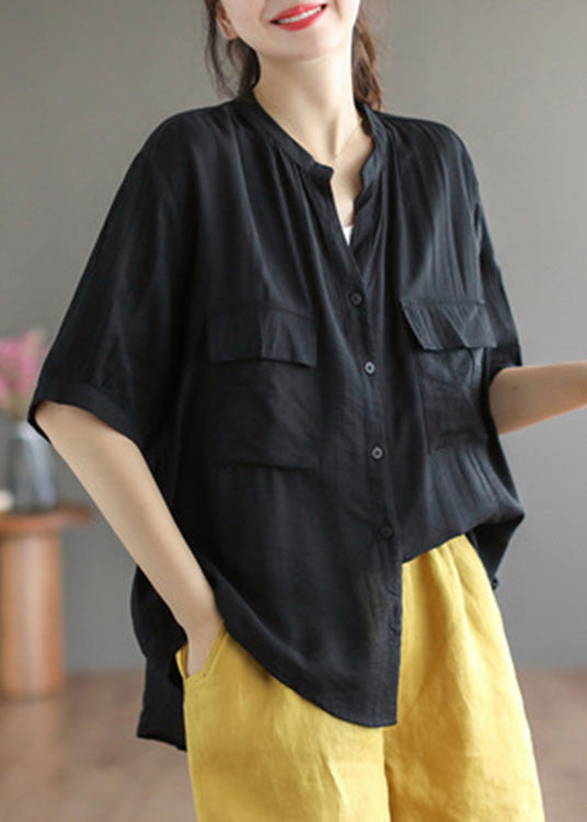 Italian Yellow V Neck Patchwork Button Solid Cotton Shirt Short Sleeve LY5091 - fabuloryshop