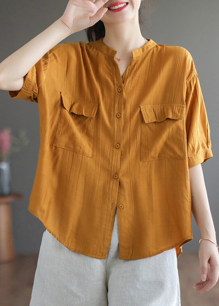 Italian Yellow V Neck Patchwork Button Solid Cotton Shirt Short Sleeve LY5091 - fabuloryshop