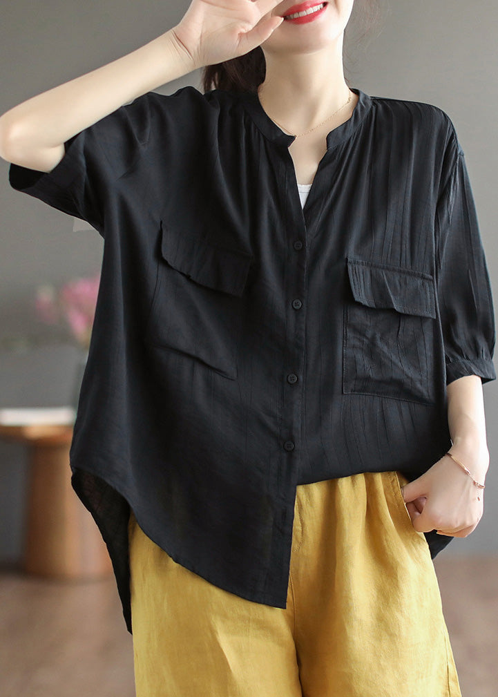 Italian Yellow V Neck Patchwork Button Solid Cotton Shirt Short Sleeve LY5091 - fabuloryshop